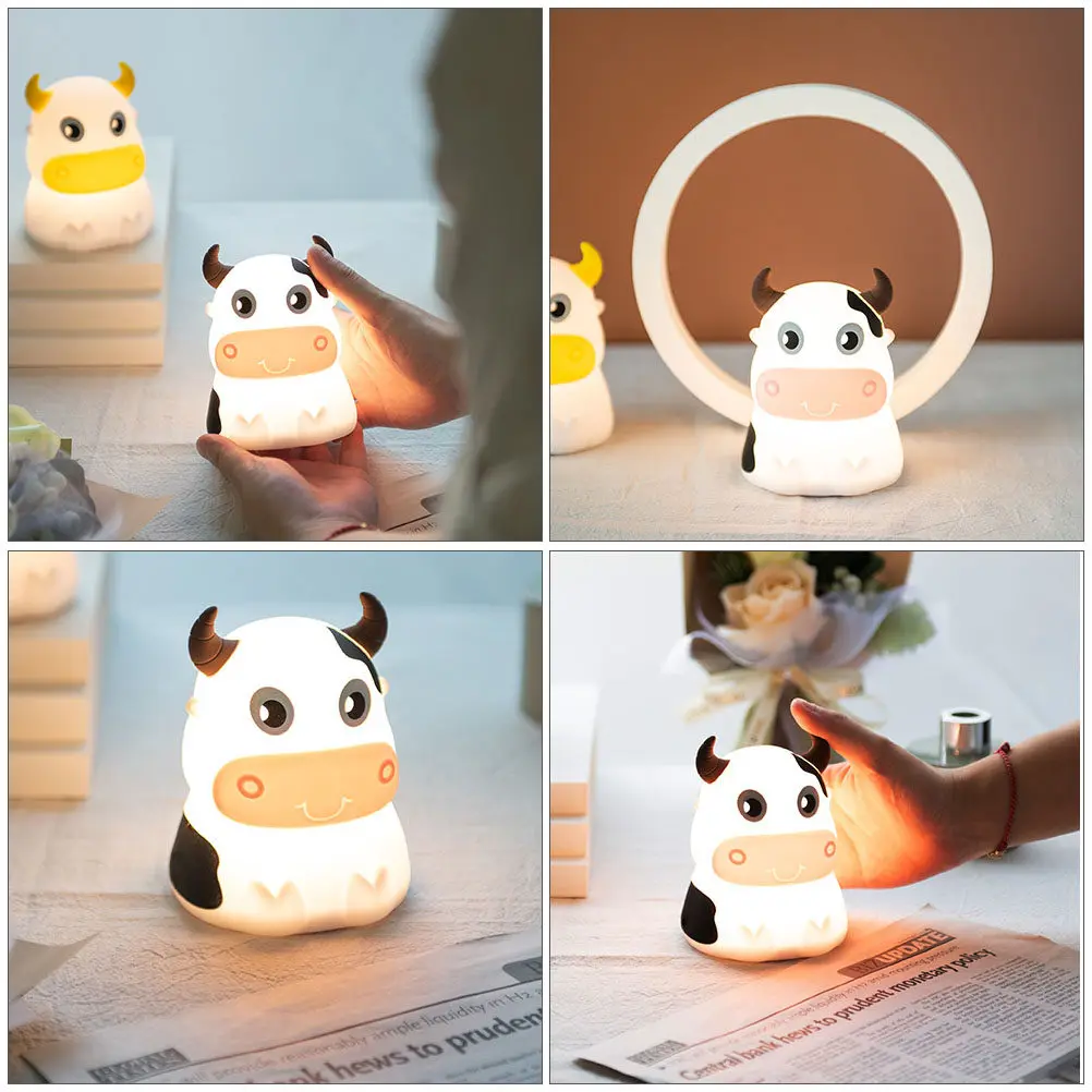 1pc Cow Night Light Led Lamp Bedroom Silicone Touch-Activated Colorful Table Light Adorable Cow Pattern Decor Usb Charging 7