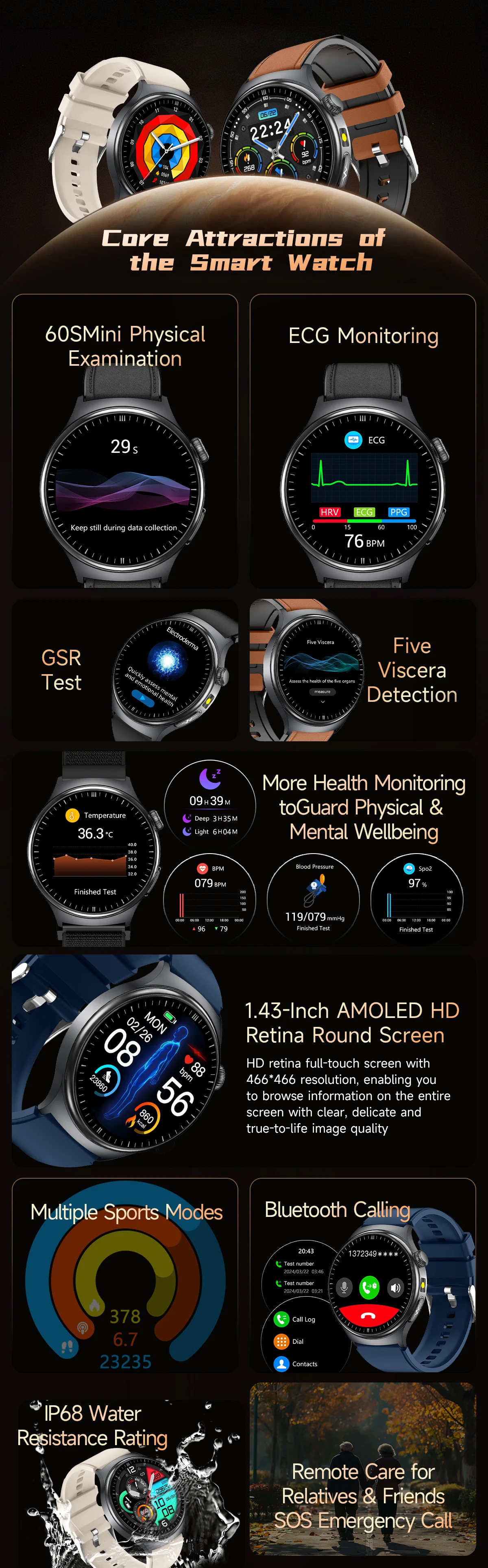 Präzise Mikro-Physikalische Untersuchung Gesundheits-Smartwatch Blutdruck Harnsäure Körperfett Fünf-Organ-Analyse Anrufuhr für Männer und Frauen – Detail 2