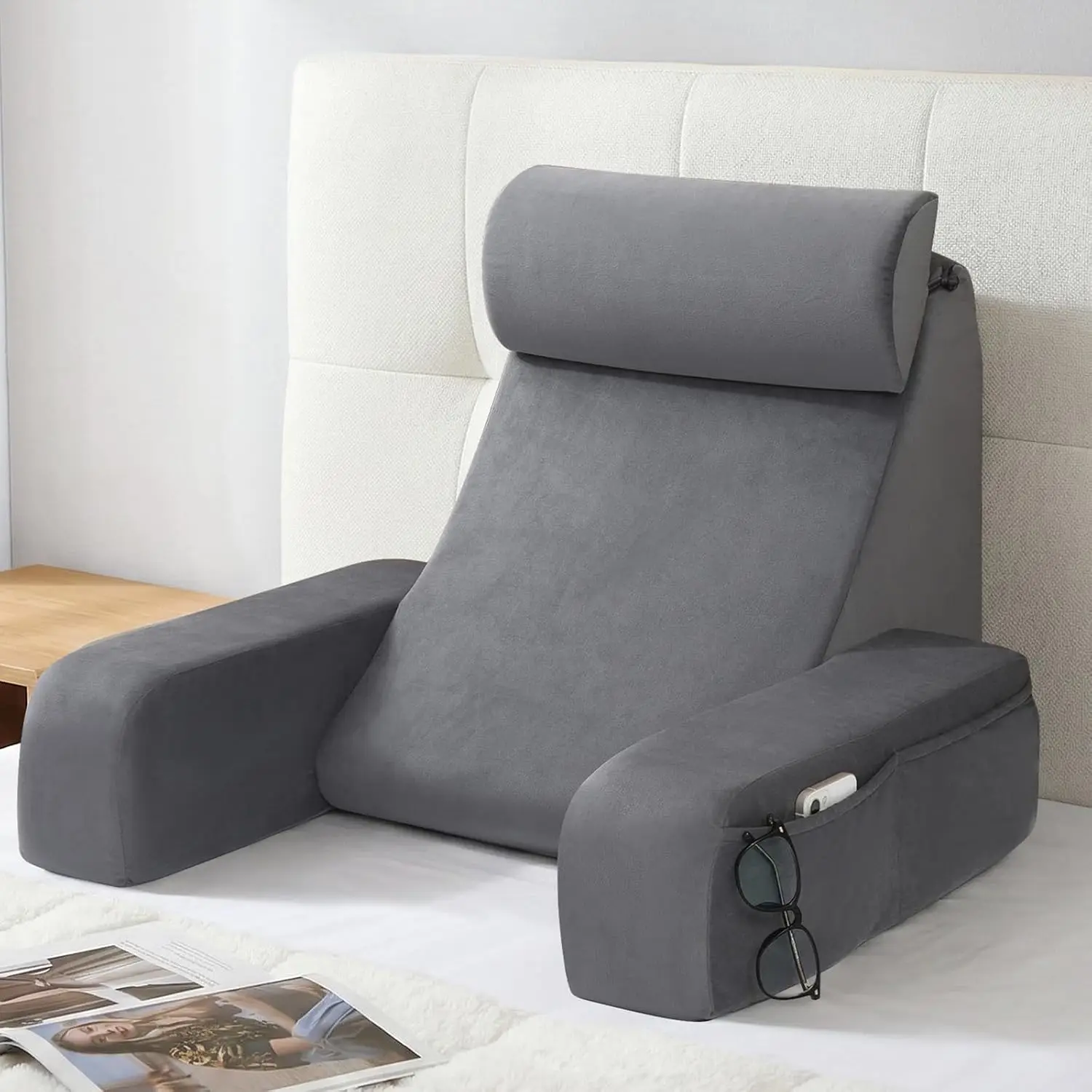 Back Pillow for Bed Soft Reading Pillow with Armrests Big Pockets Upright Pillow for Resting Watching TV Nursing Recovery Gaming