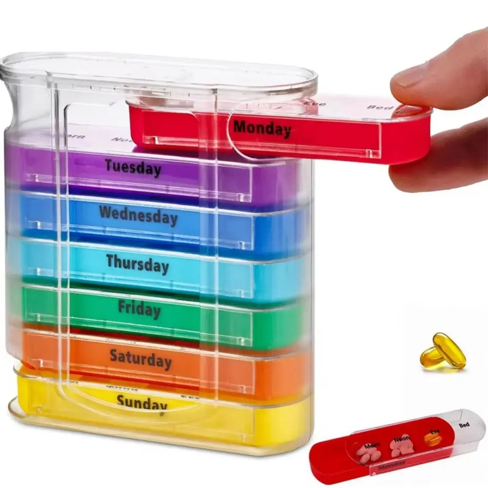

BPA Free 7 Days Pill Dispenser Box a Week Colorful Medicine Storage Containers Rainbow Portable Pill Box Splitter Home Organizer