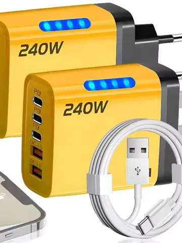 Ładowarka biurkowa 5 w 1 GaN 240W z szybkim ładowaniem do iPhone 17 16 15Pro Samsung, kabel USB do Type-C 10A, ładowarka 3PD 2USB