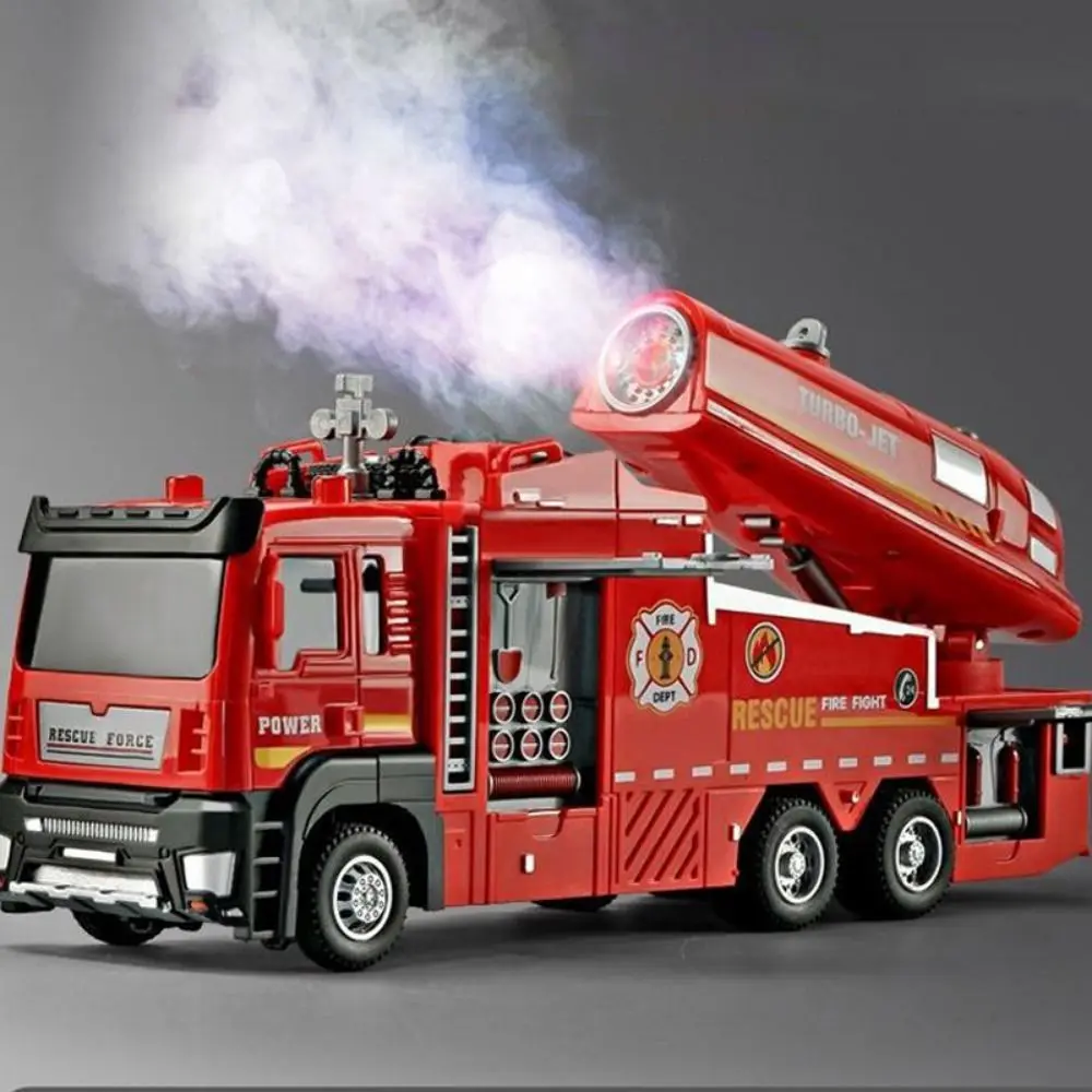 Modelo de caminhão de bombeiros escala 1:32, função pull-back com som, luz, spray de água, brinquedo interativo de resgate de incêndio, carros de motor de incêndio