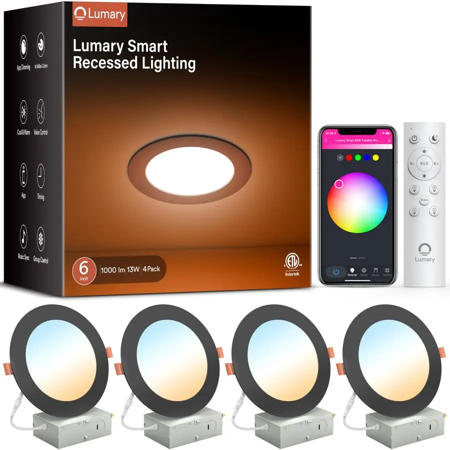 Black Smart WiFi Recessed Lights 6 Inch, Color Changing LED Recessed Lights with JBox 13W 1000LM, Dimmable Canless Wafer Downlig