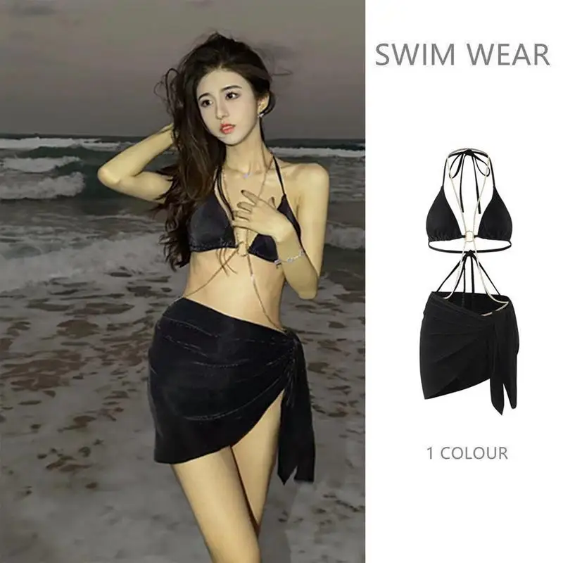 Chain Bikini Swimsuit Slimming Halter Soft Elastic Bikini Sets With Detachable Beach Skirt For Beach Honeymoon Party Swimming