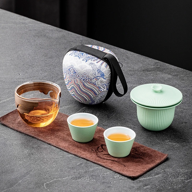 4 Color Stripe Travel Tea Set Ceramic Teaware Sets Tea Set  Kung Fu Tea Porcelain Gaiwan Cup Chinese Bowl Tea Ceremony