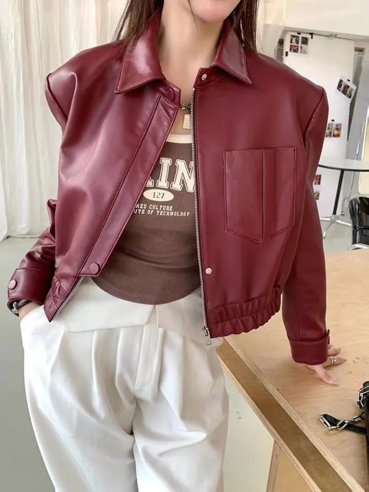 Spring New Women Sheepskin Genuine Leather Short Coat Turn-Down Collar Long Sleeve Zipper High Street Punk Motorcycle Jacket