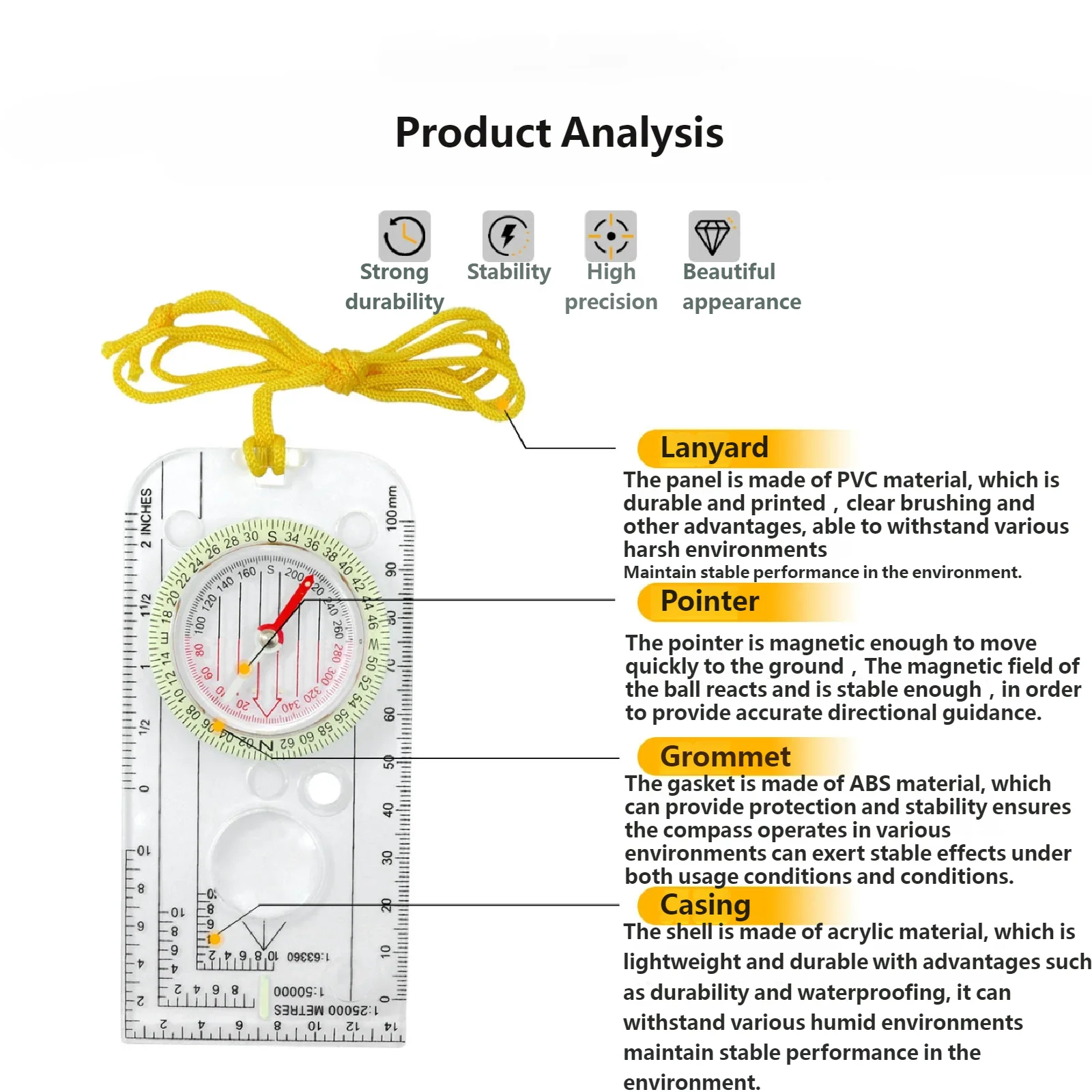 بوصلة احترافية متعددة الأغراض للخريطة في الهواء الطلق اتجاهية على الطرق الوعرة مقاومة للماء للبقاء على قيد الحياة البرية والمشي لمسافات طويلة والتخييم
