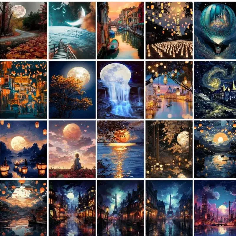 

582077 Painting By Numbers Moon City Landscape DIY Paint By Number For Adults Canvas Painting Gift Home Decor Art