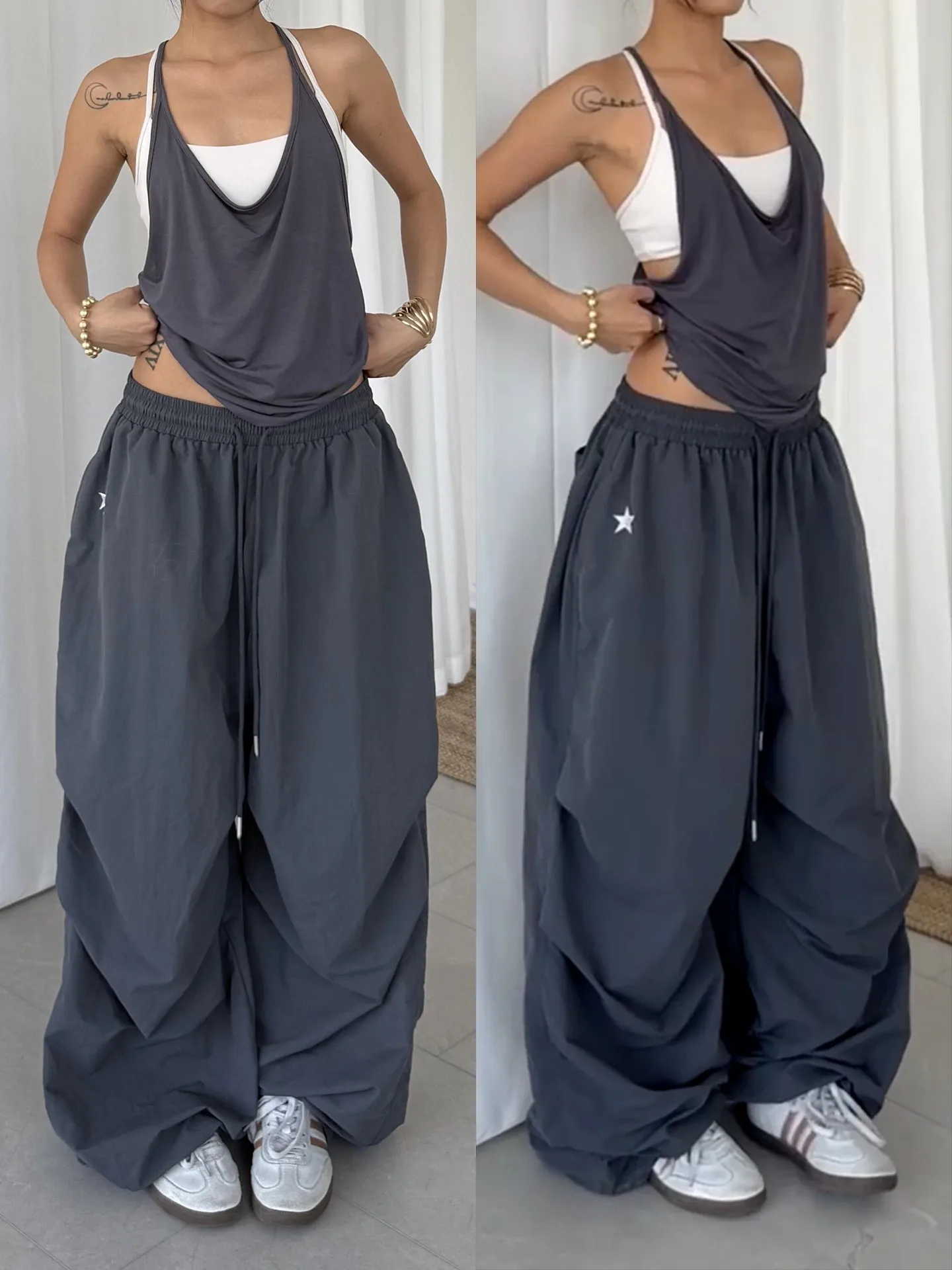 

American Retro Pleated Quick Dry Wide Leg Pants Women Loose Drapey Hiphop Paratrooper Casual Trousers Summer Fashion Ladies