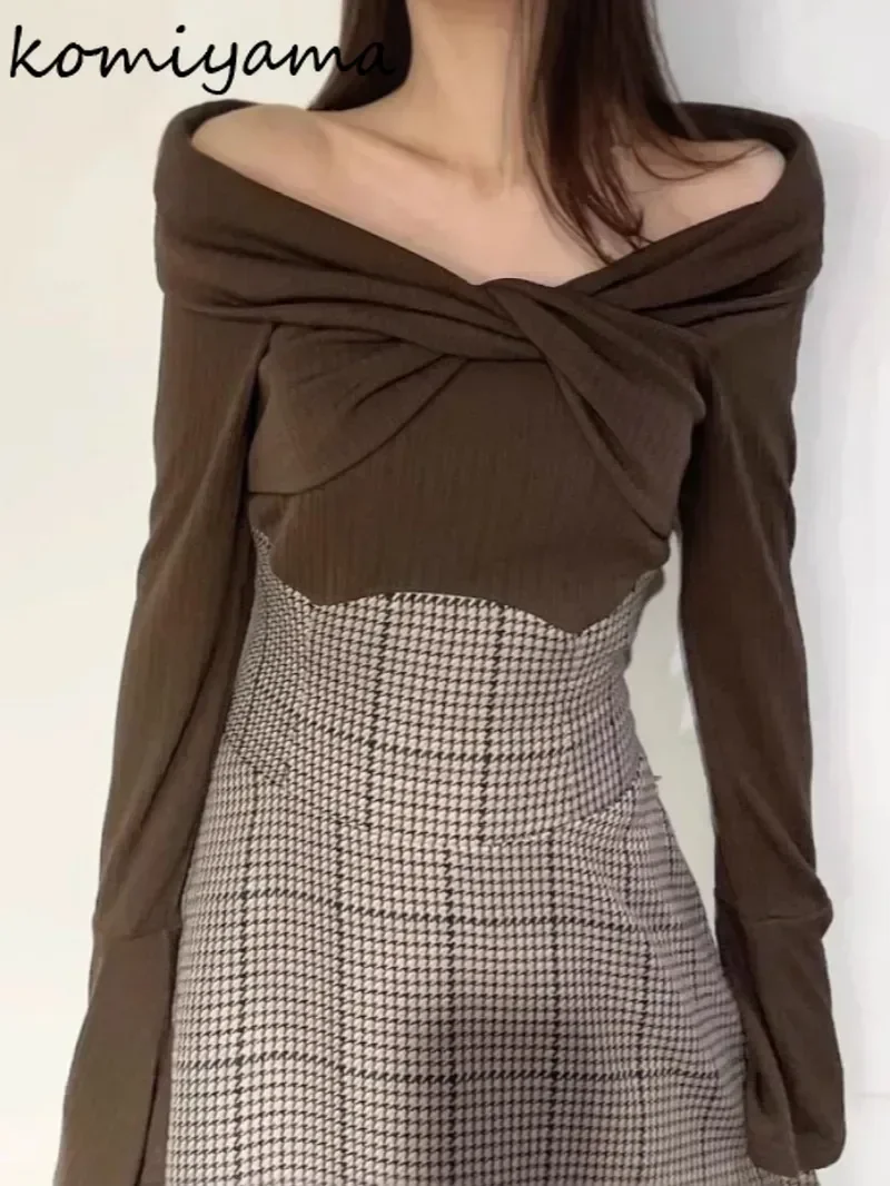 Japan Kink Off Shoulder Vestidos Fake Two Piece Women 2025 Vestido Spliced Plaid Dresses Long Sleeve Dress High Waist Clothing