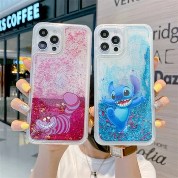 럭셔리 퀵샌드 디즈니 스티치 체셔 고양이 전화 케이스, 아이폰 11, 12, 13, 14, 15, 16 프로 맥스, 만화 반짝이 실리콘 후면 커버 