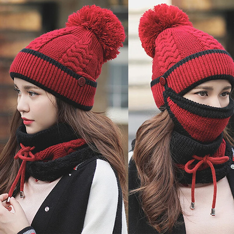 Winter Knitted Hat Scarf Set Thick Skullies Beanies Warm Hats For Women Outdoor Snow Riding Ski Bonnet Windproof Caps New