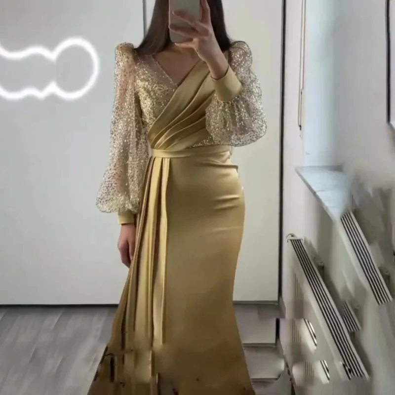 Robe de Soirée en Satin à Manches sulfBouffantes et Col en V, Tenue de Bal de Style Sirène Arabe à Paillettes Dorées, Vêtement de Célébrité, 2023