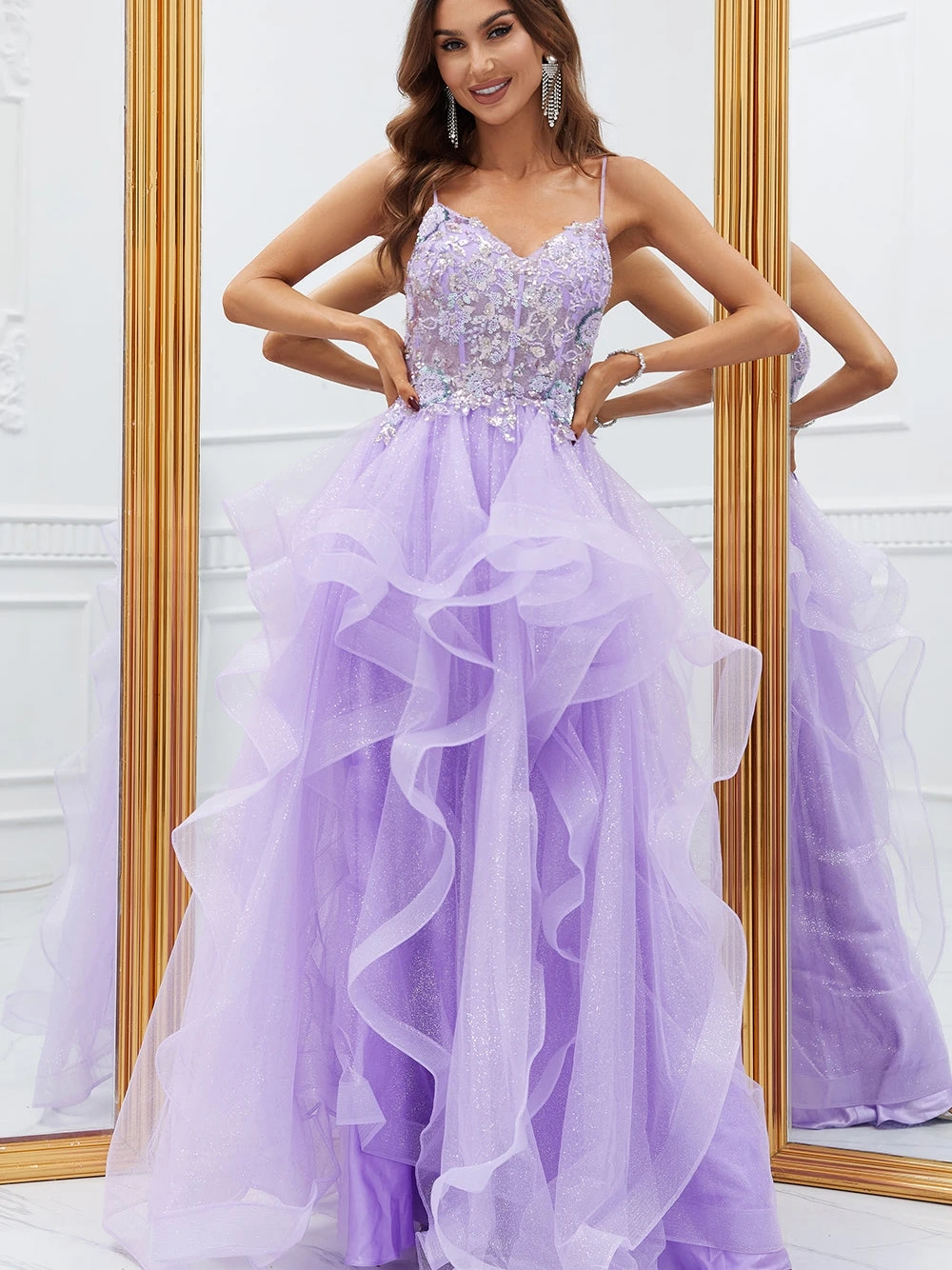 Sexy Spaghetti Straps Cocktail Dress Customized Sequined Evening Gown Glitter Purple Ruffled Prom Dress For Formal Occasion