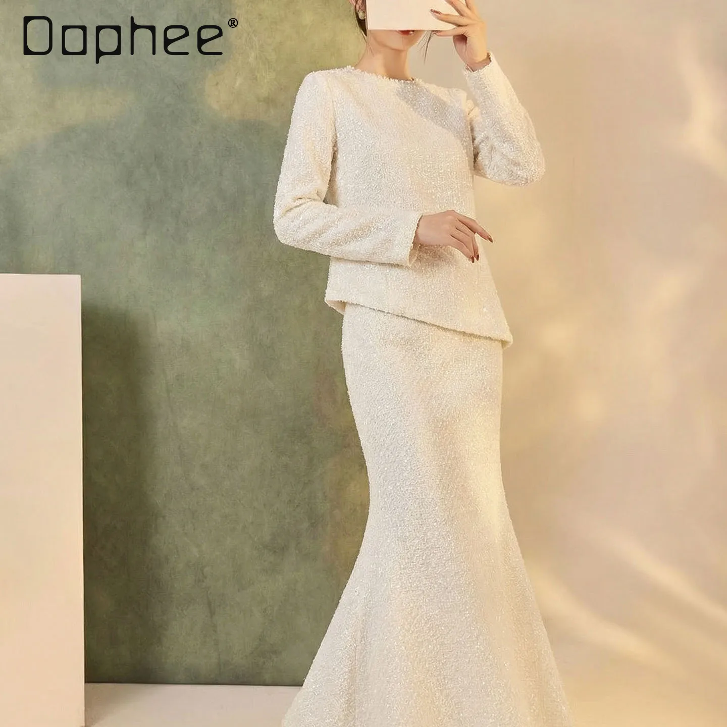 

Spring New High-end Sequin Embroidered Fashion Light Luxury Knitted Top Fishtail Skirt Two-piece Women Outfit Evening Skirt Sets