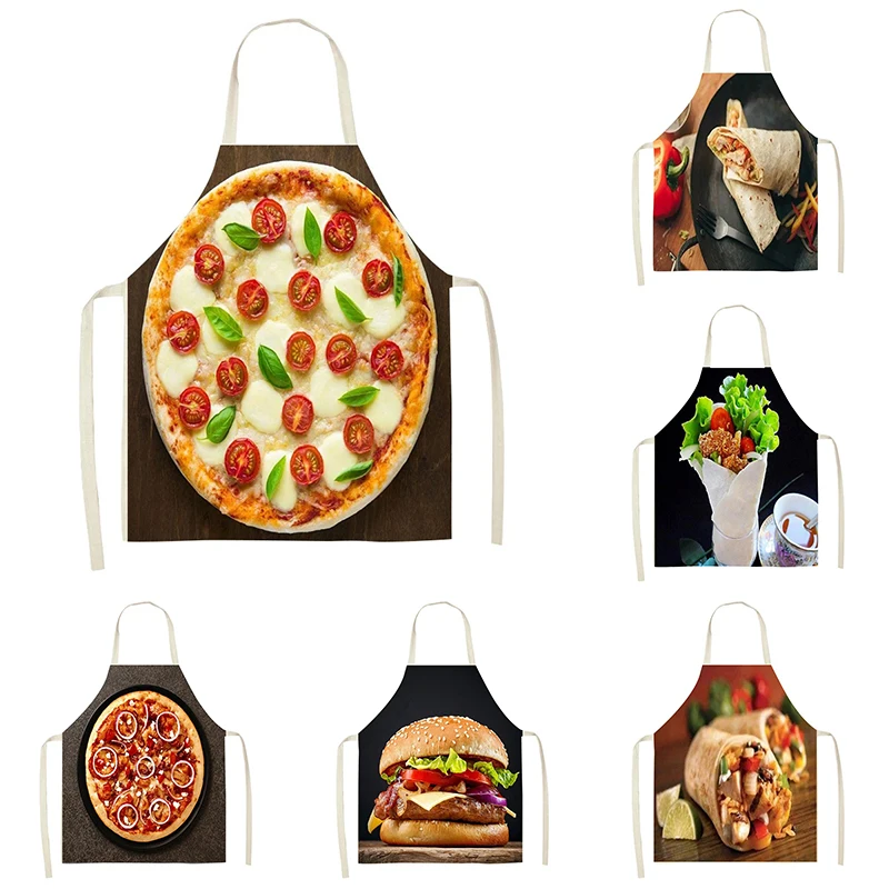 Cooking Baking Chef Apron Tempting Pizza Burger Food Pattern Kitchen Sleeveless Apron Linen Household Cleaning Tools