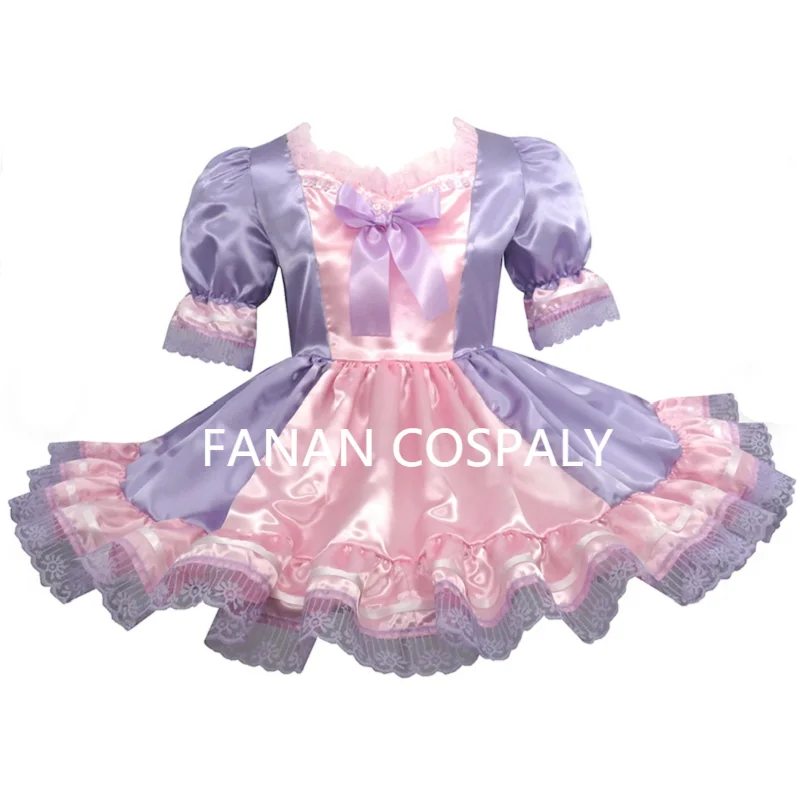 Adult Giant Baby Sexy Girl Purple Pink Color Matching Thin Satin Sissy Dress Bowtie Servant Role Playing Gothic Customization