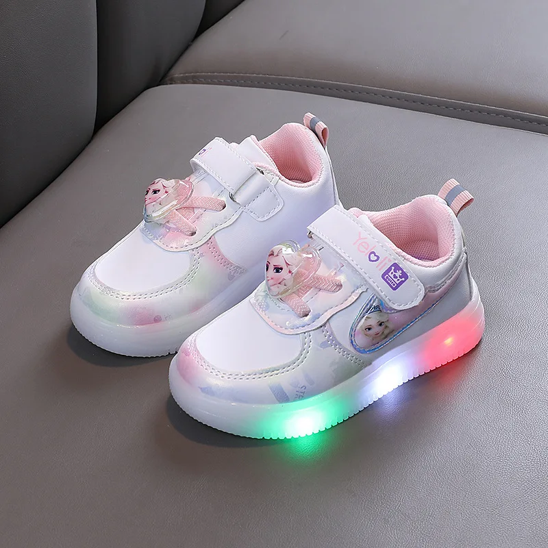 Disney LED Casual Sneakers Girls Frozen Elsa Princess PU Leather Pink Shoes Children Lighted Non-slip Shoes Size 21-30