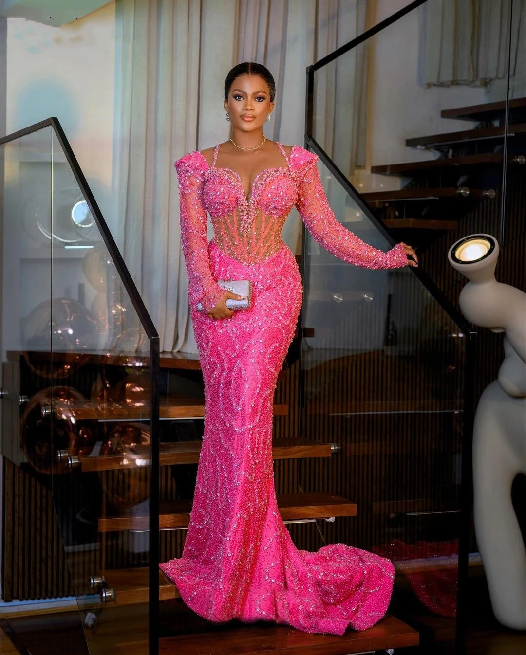 

Fashion Sequine Beaded Mermaid Evening Dresses Long Sleeve Rhinestone Prom Gowns Custom Made Formal Occasions Dresses
