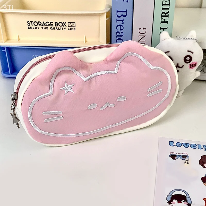 1 قطعة سعة كبيرة البساطة القلم حقيبة التخزين الوردي القط طباعة مقلمة الكرتون هريرة لطيف القلم المنظم حقيبة للأطفال