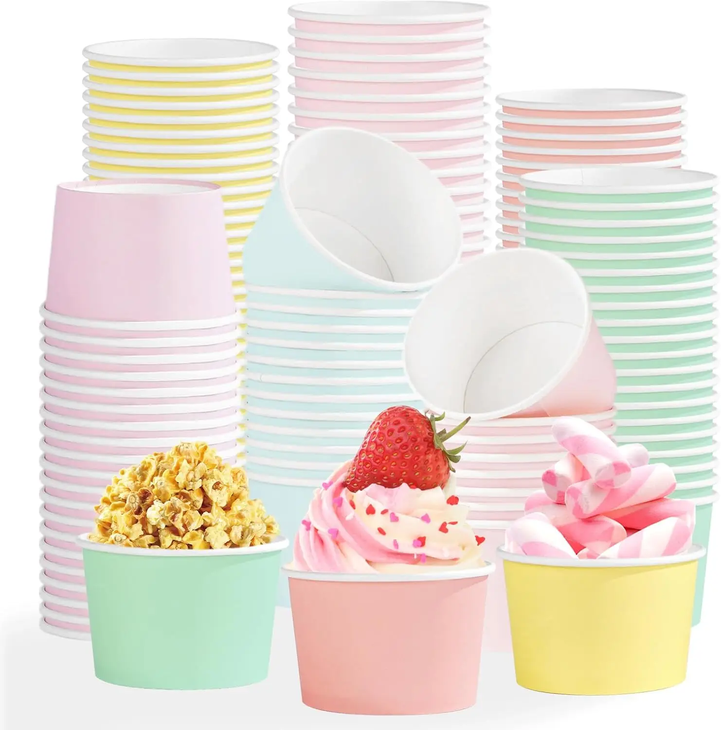 

120Pcs Pastel Ice Cream Cups 12 oz Disposable Colored Theme Paper Dessert Snack Bowls Pastel Rainbow Yogurt Cup Containe