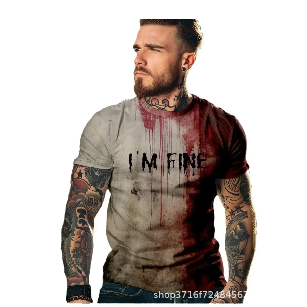 2024 جديد أنا غرامة بقع الدم هالوين الشارع موضة ثلاثية الأبعاد الرجال الجولة الرقبة تي شيرتات قصيرة الاكمام الصيف عادية جودة عالية