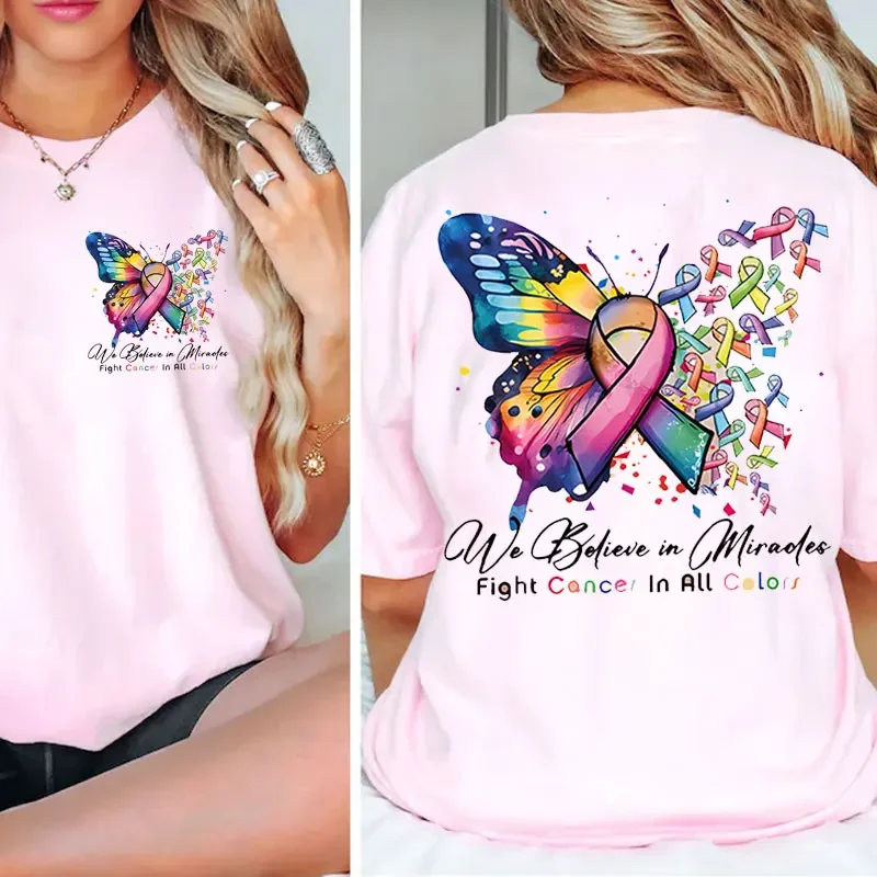 Cancer Warrior Gift Cancer Survivor Outfit Family Support T-Shirt Butterfly Ribbon Graphic Tees Fight Cancer October Pink Tops