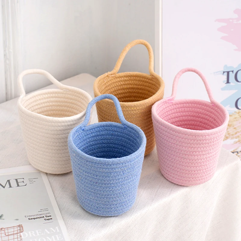 Cotton Rope Woven Storage Basket Candy Color Small Hanging Baskets Desktop Sundries Organizer Box Home Organisation