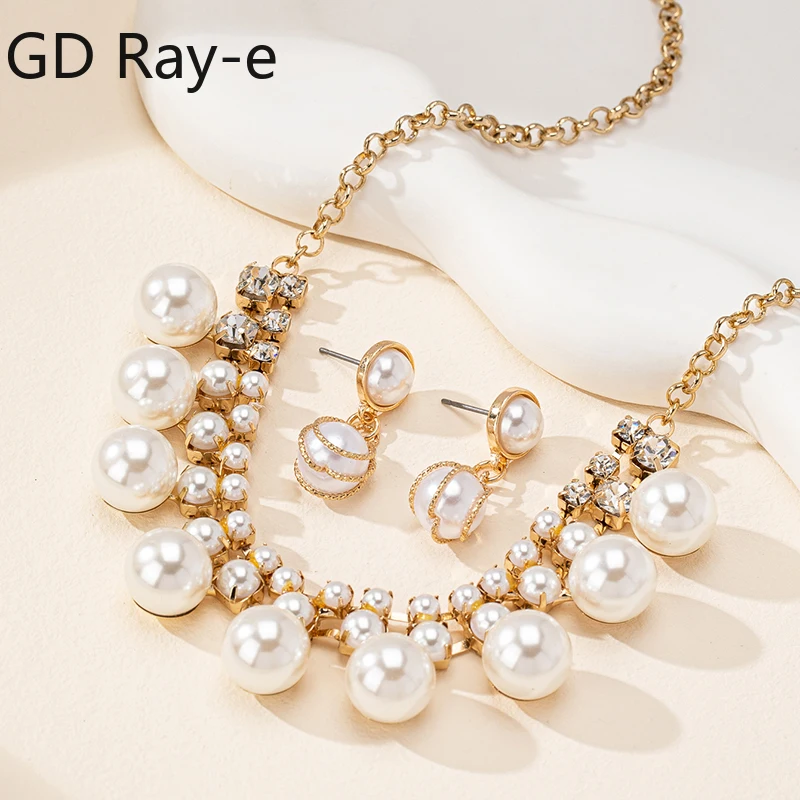 

Dleicate Jewelry Set Ball Beads Necklace with Imitation Pearls Vintage Choker Neck Chain for Women Earring Wedding Gifts