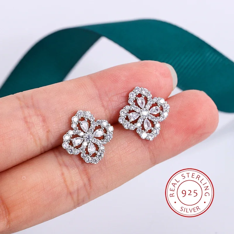 Pendientes clásicos de lujo con forma de trébol de cuatro hojas, diseño de flores y circonita ovalada S925, joyería de boda para mujer