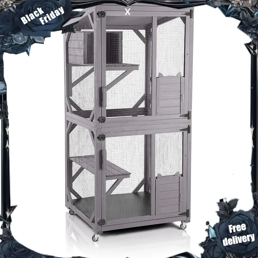 Cat House Outdoor Cage Cat Enclosure on Wheels,Large Wooden Kitty Catio with Resting Box ,PVC Layer