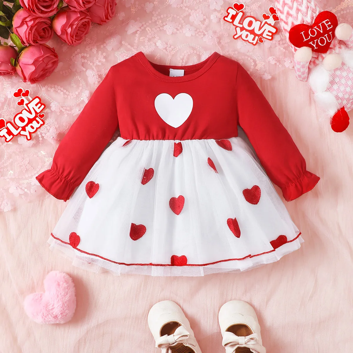 

Baby girl baby fashionable and casual red heart mesh long sleeved dress for spring and autumn