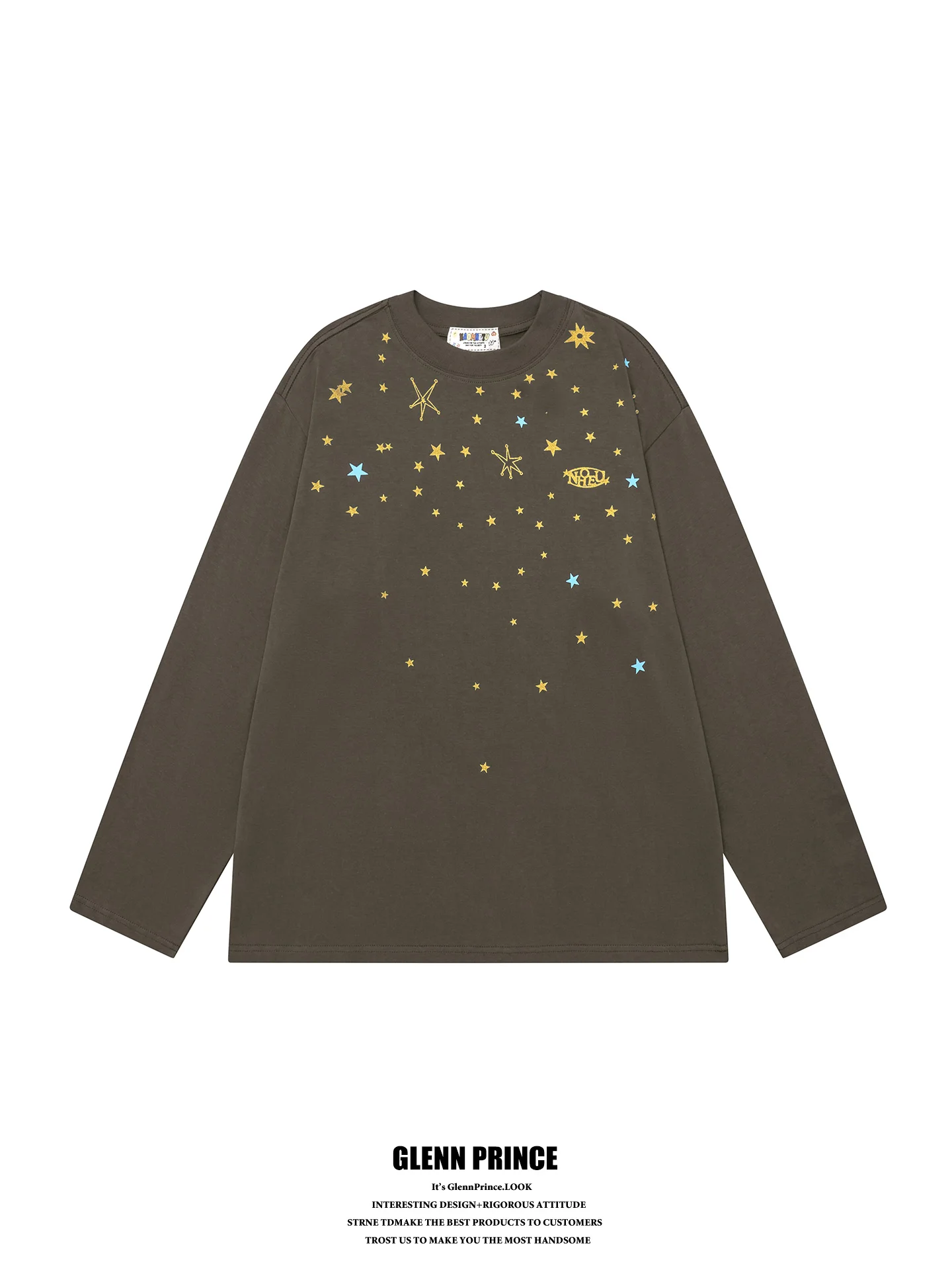 American Retro Star Print Pure Cotton Long Sleeve Men's T-shirt Couple's Unique Style City Walk Casual Breathable round Neck