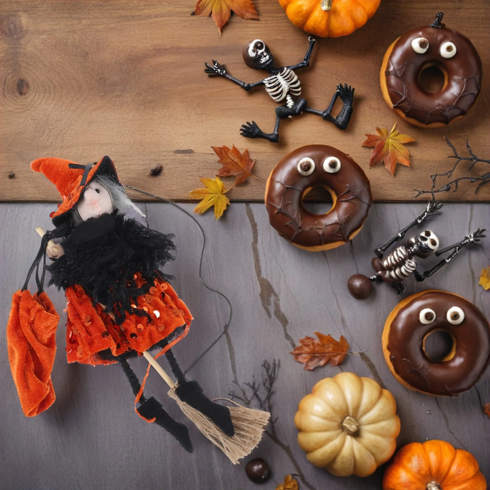 

Halloween Witch Decor Hanging Witch Doll On Broomstick With Candy Bags Scary Prop For Haunted House Outdoor Garden Party Favor