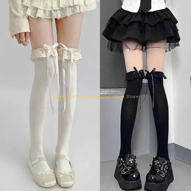 

Women Over Knee Long Socks Japanese JK Girl Bowknot Lace Frilly Stockings 10CD