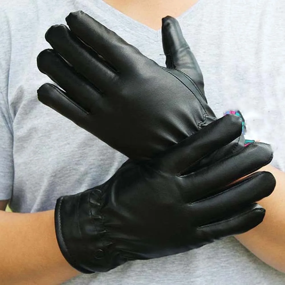 

Gift Soft PU Anti-cold Gloves Waterproof Solid Color Black Thickened Gloves Warmer Pleated Beige Finger Mittens Autumn