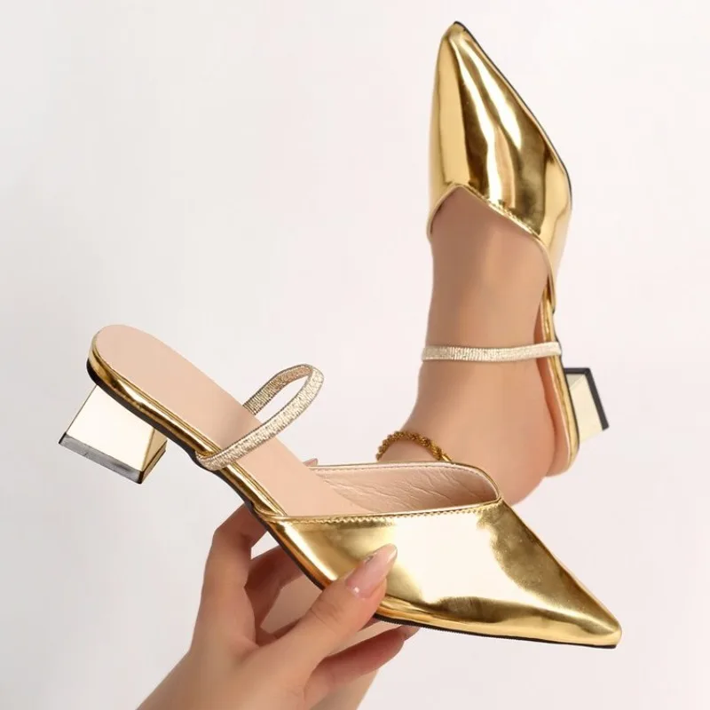 Women's Backless Mules Pointed Toe Low Block Heel Slip on Dress Pumps Glossy Finish Rhinestone Accent Strap Evening Event Shoes