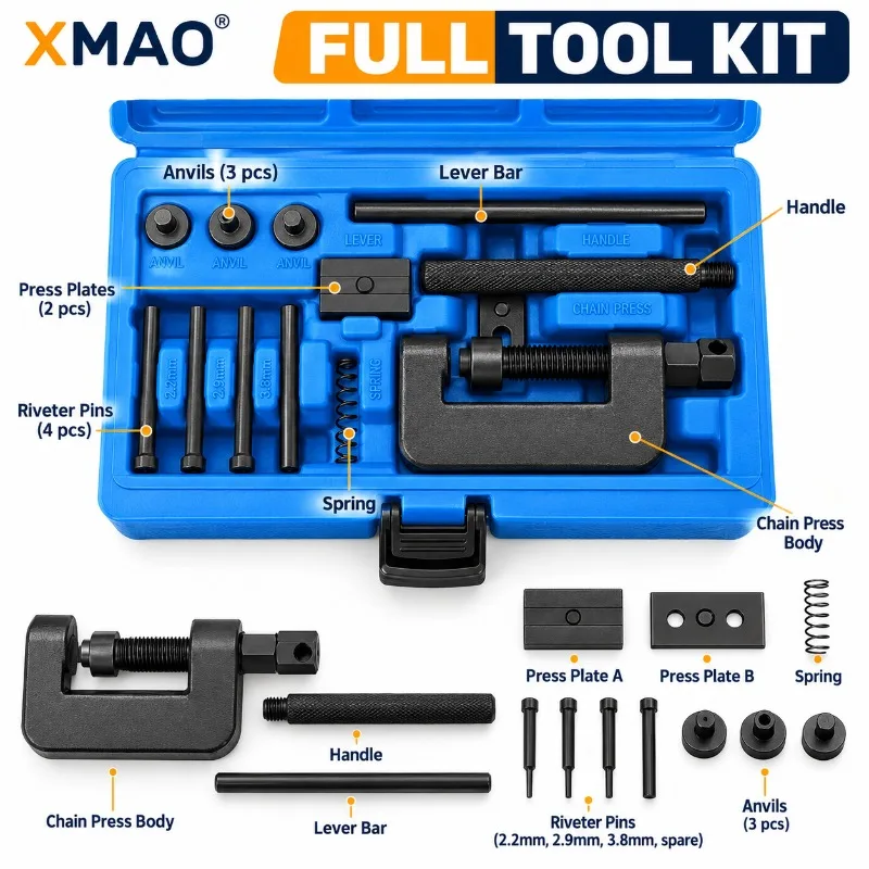 XMAO Chain Breaker Riveter Press Tool Kit for Bicycle Motorcycle Timing Cam Chains, 2.2/2.9/3.8mm Pin Cutter with Storage Case