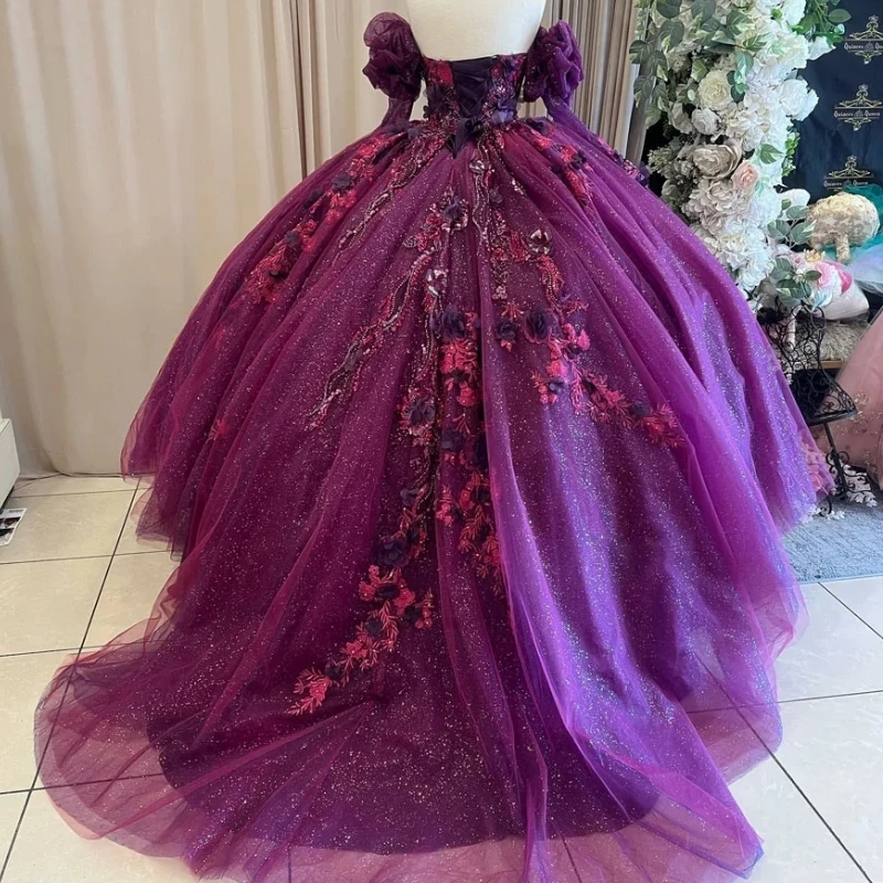 Customized Mexican Sweet 16 Year Girl Quinceanera Dresses Sleeves Flower Applique Beading Ball Gown Birthday Party Prom Dress