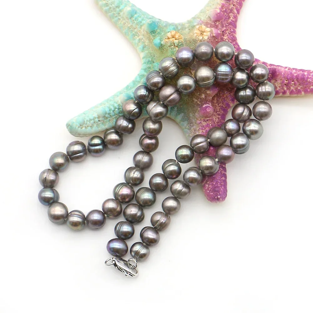 Classic Iridescent Peacock Black Round Pearl Beaded Necklace with Straight Holes Threaded Texture Holiday Banquet Gift Jewelry