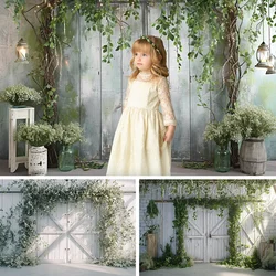 Spring Photography Backdrop Wooden Door Greenery Silver White Wedding Decoration Baby Birthday Portrait Background Photo Studio