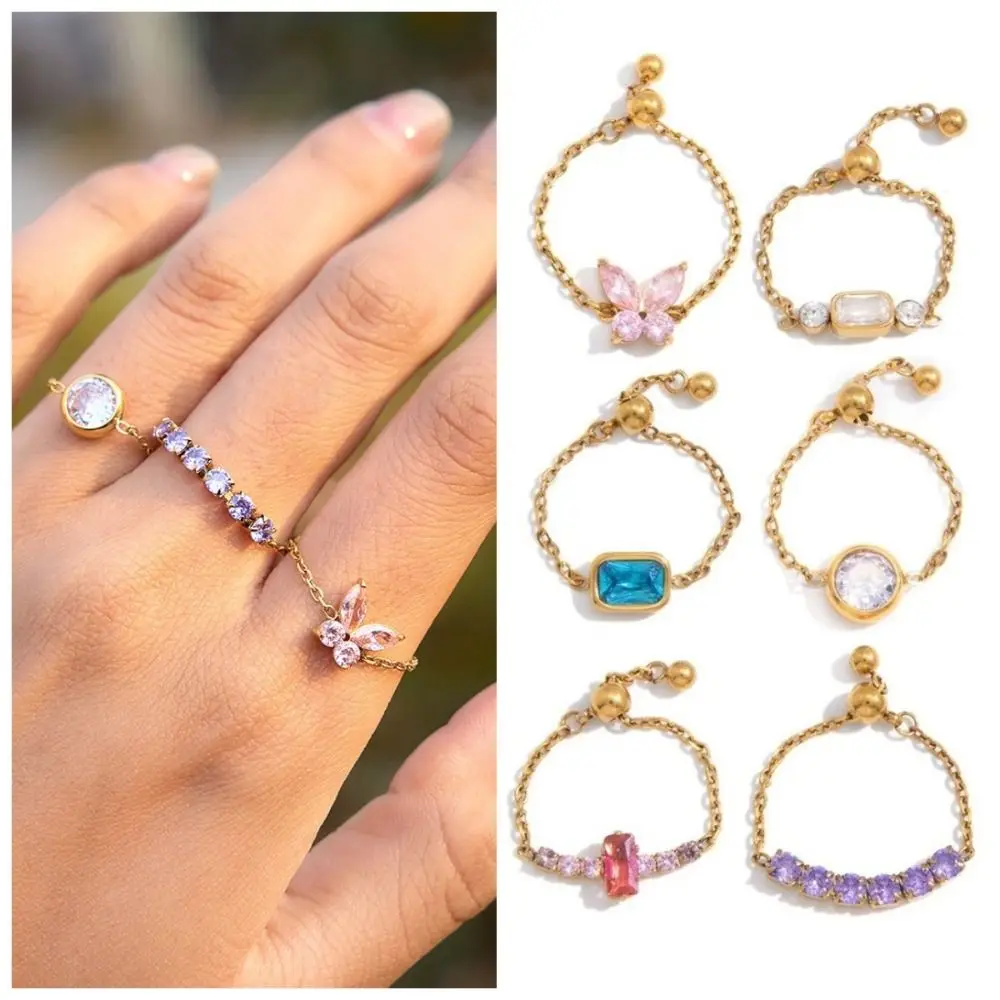 Waterproof Exquisite Zirconia Chain Rings Minimalist INS Adjustable Chain Ring Simple Stackable Stainless Steel Ring Daily Wear