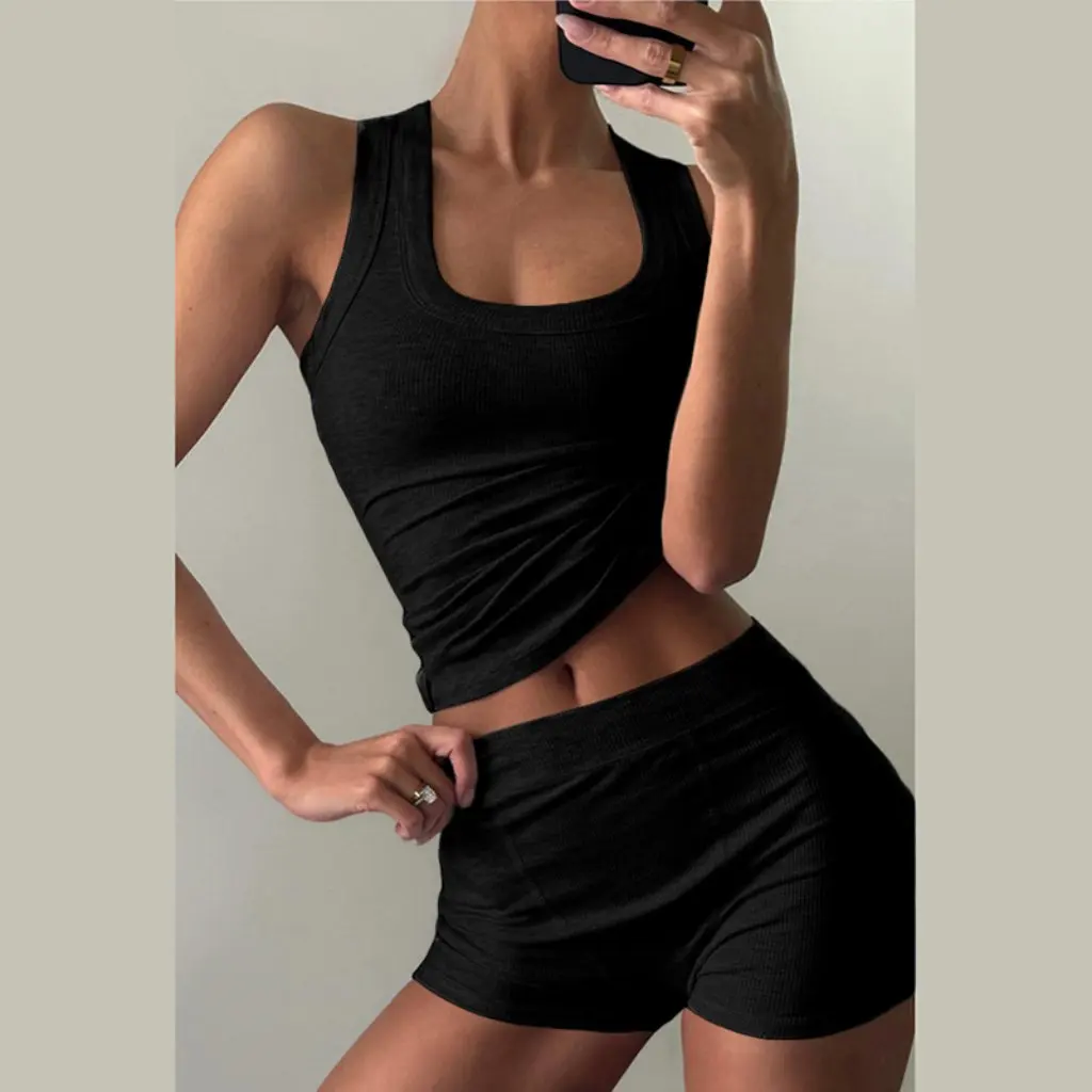 

Европейский и американский женский облегающий I-образный жилет с высокой талией, шорты, костюм, повседневный однотонный костюм с круглым вырезом, осенняя мода