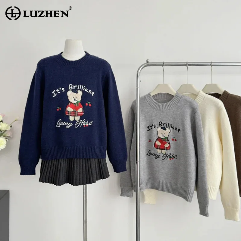 LUZHEN Cartoon Bear Embroidery Pattern Long Sleeve Knitted Pullover Women's Fashion Simple Casual Sweater 2024 New Loose AA2583