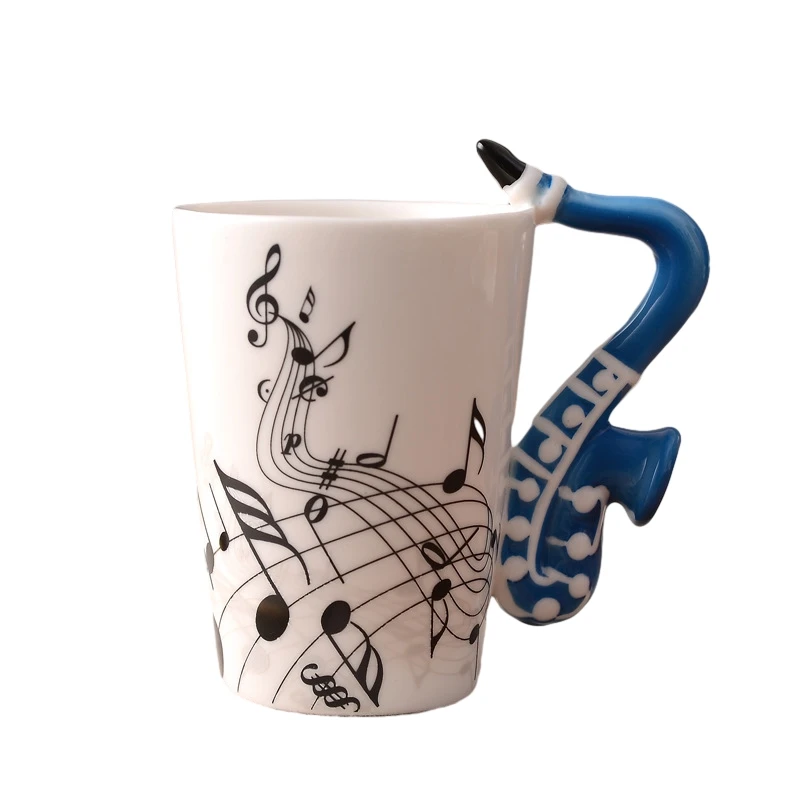 240Ml Creative Music Ceramic Mug Cute Coffee Tea Milk Stave Mugs And Cups With Handle Novelty Gifts Blue Saxophone