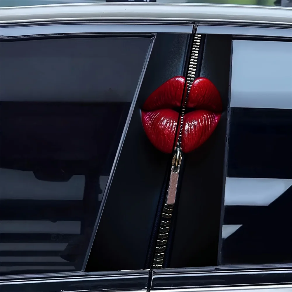 2Pc car B-pillar creative zipper red lip sticker, realistic three-dimensional effect, personalized fashion decoration car