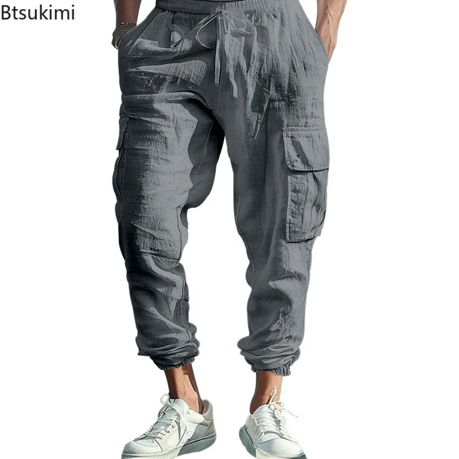 2025 Men's Cotton Linen Pants Loose Breathable Casual Pants Elastic Waist Lightweight Baggy Trousers Male Cargo Pants Streetwear