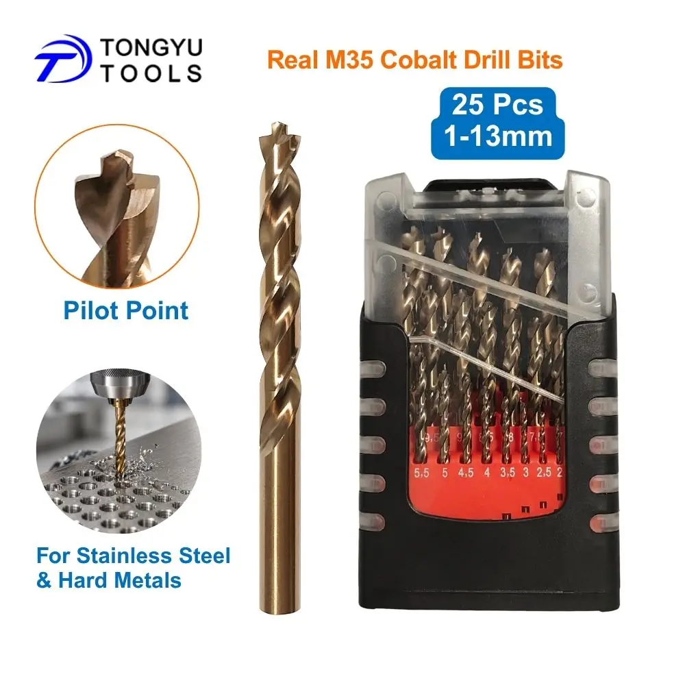 

Cobalt Drill Bit Set 25Pcs 1-13mm Pilot Point M35 HSS Co5% Jobber Twist Bits for Stainless Steel Hard Metal No Walking