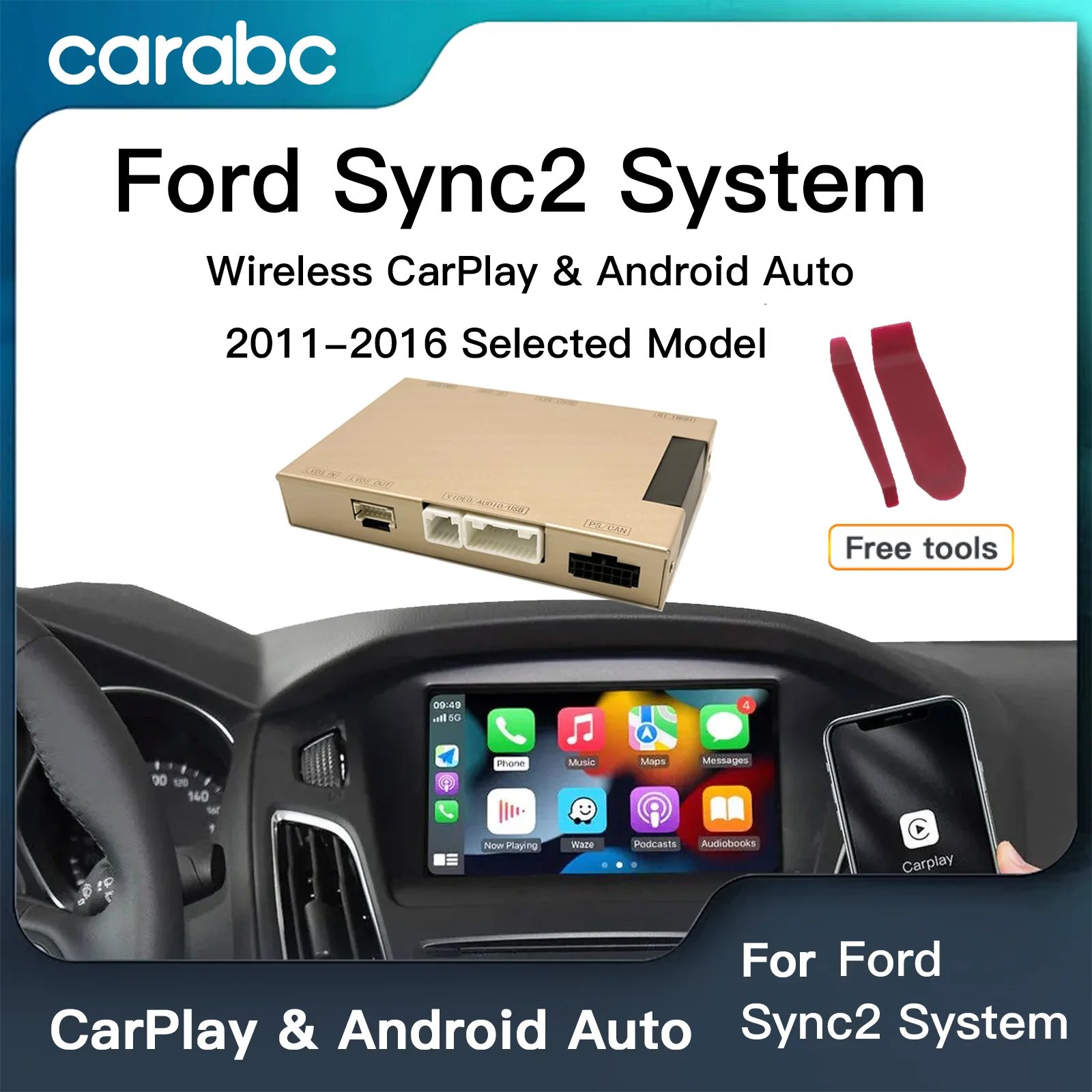 CARABC-Caixa de Decodificador Carplay Sem Fio, Android Auto para Sistema Ford Sync2, Explorador, Foco, Fiesta, C-max, Borda, F-150, Fusão, Touro, Decodificador