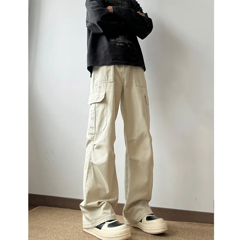 

Khaki Paratrooper Workwear Pants Men Summer Trendy American Retro Cleanfit Straight Leg Bell Bot High Street Casual Trousers